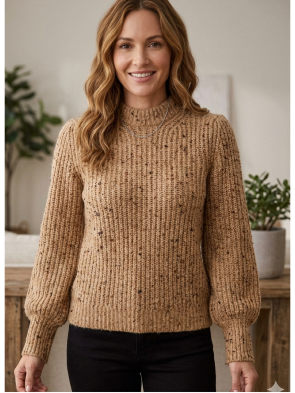 French Connection Natalya Camel Tan Multi Flecked Ribbed Alpaca Sweater 1702